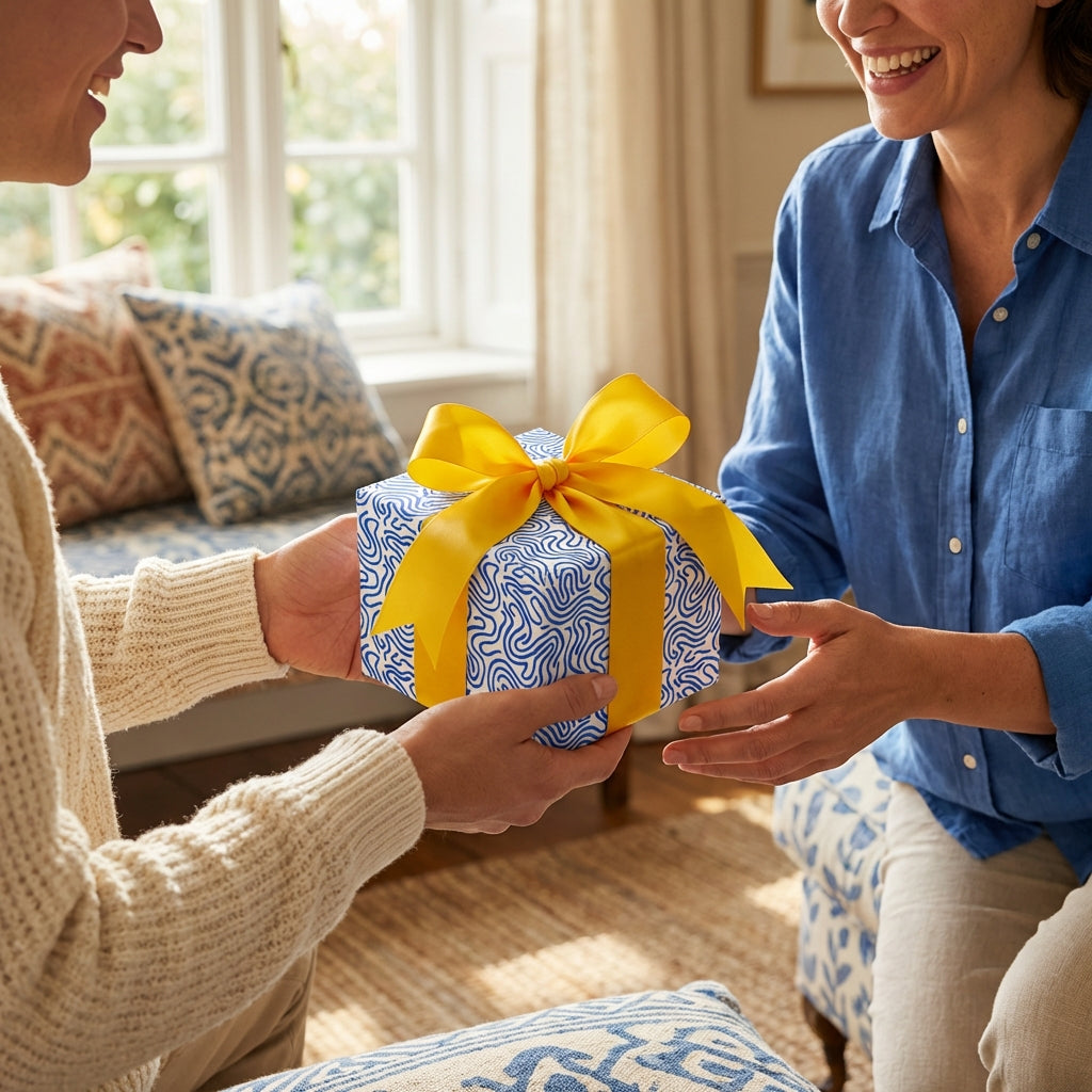 Blue abstract wave wrapping paper with a yellow satin bow, being exchanged in a cozy living room.