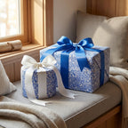 Elegant blue and white swirl wrapping paper on gift boxes with satin ribbons, set on a cozy wooden window seat.