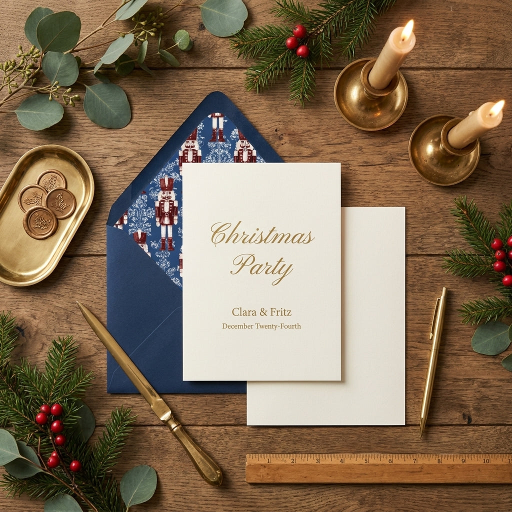 Elegant Christmas party invitation with blue nutcracker envelope liner by Wrapped Studios.