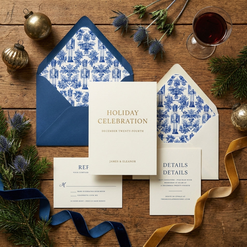 Blue nutcracker Christmas invitation suite with patterned envelope liners by Wrapped Studios.