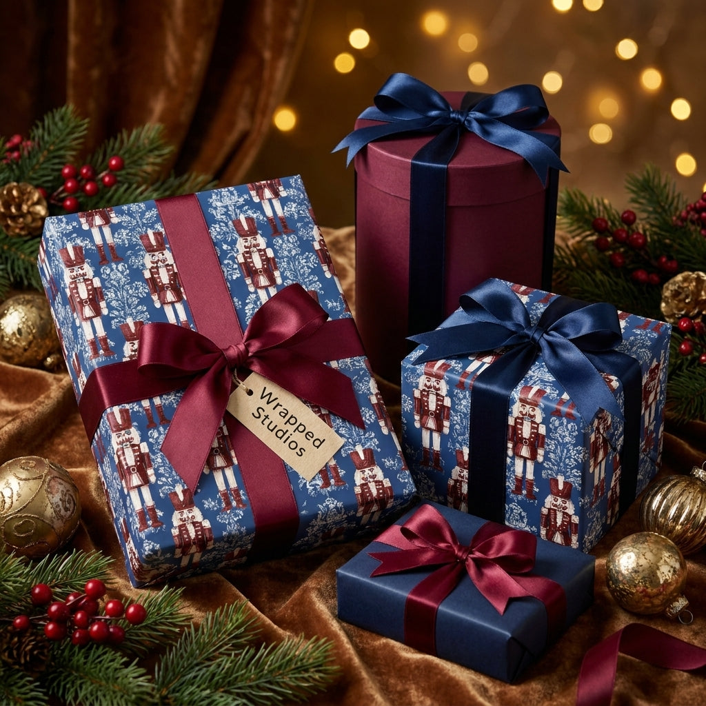 Luxury blue nutcracker Christmas wrapping paper with satin ribbons by Wrapped Studios.