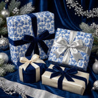 Luxury blue and white nutcracker Christmas wrapping paper with velvet ribbons by Wrapped Studios.