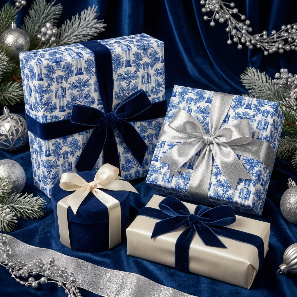 Luxury blue and white nutcracker Christmas wrapping paper with velvet ribbons by Wrapped Studios.