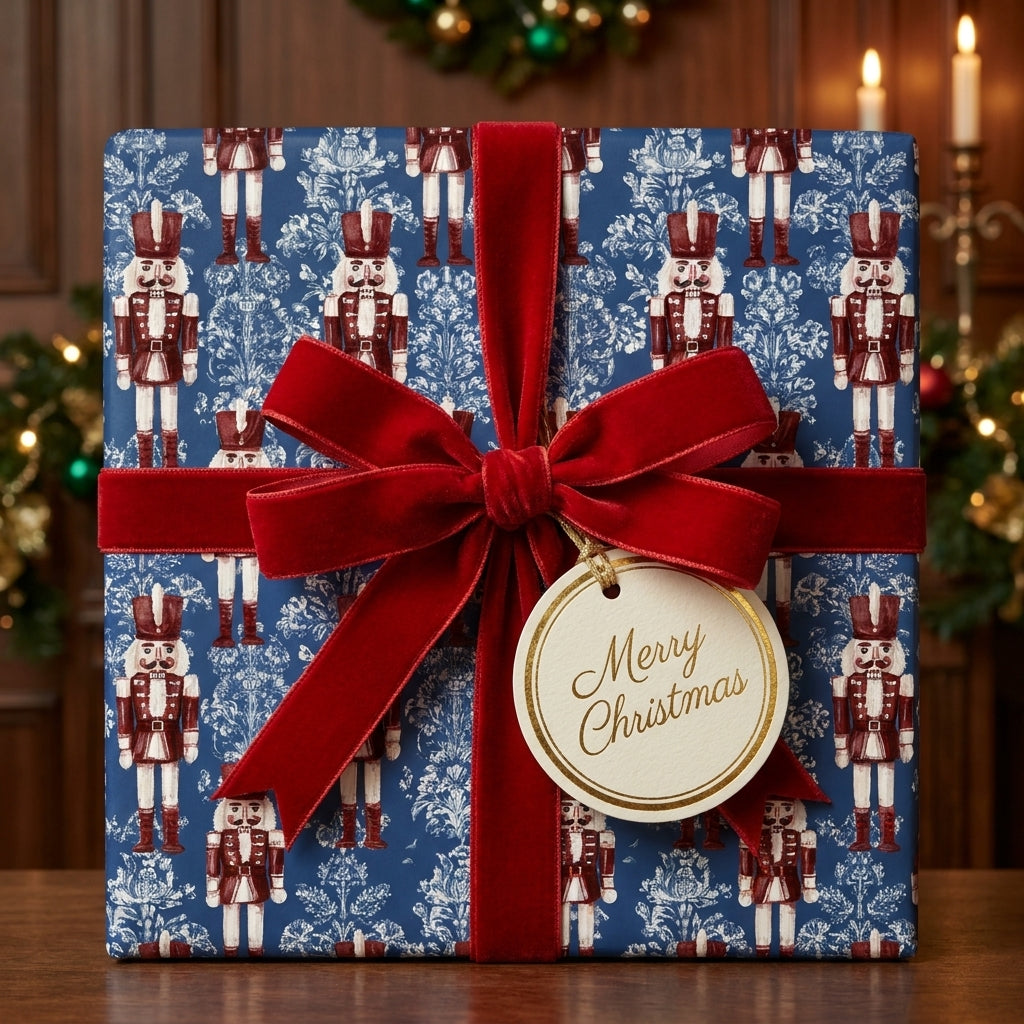 Luxury blue nutcracker Christmas wrapping paper with a red velvet bow by Wrapped Studios.
