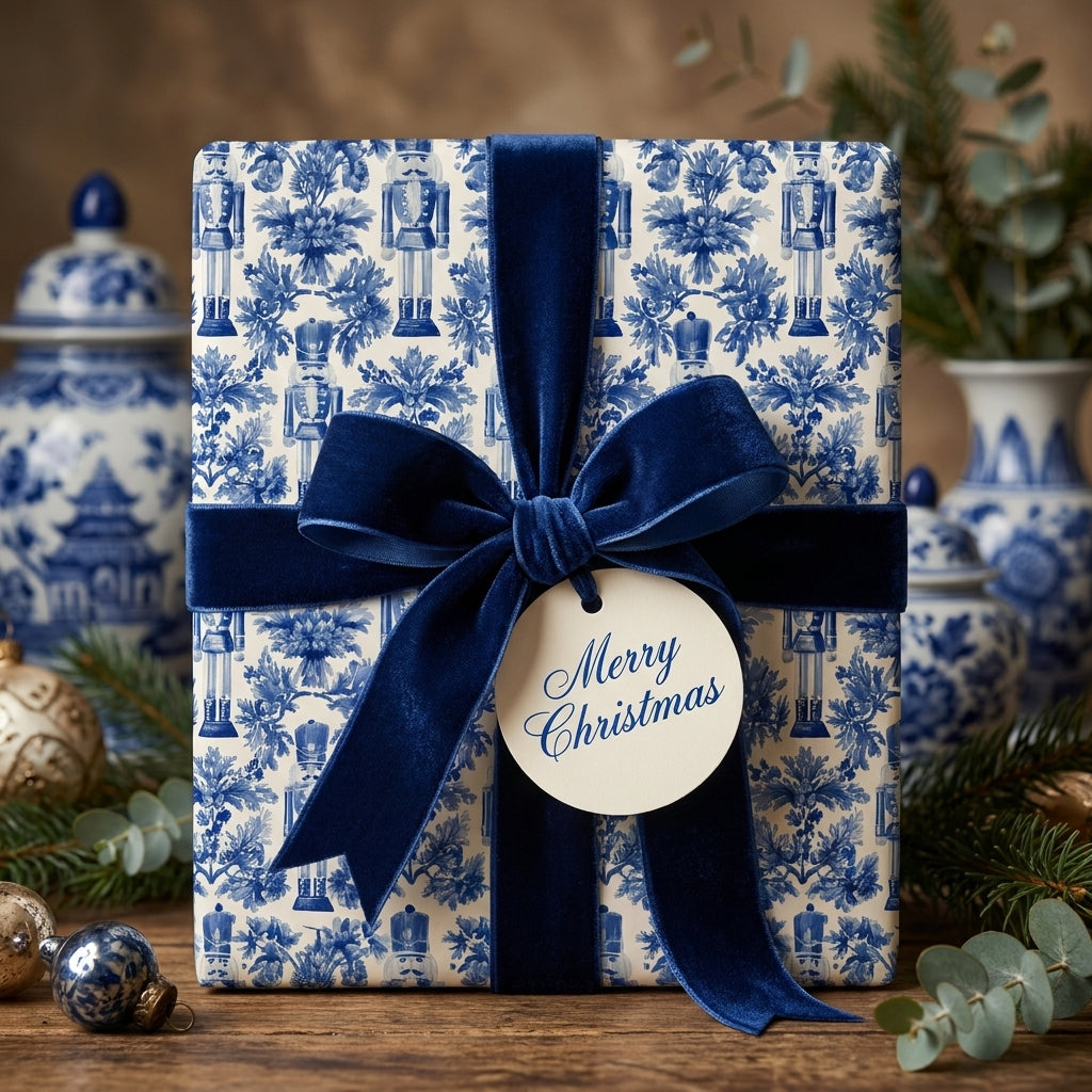 Luxury blue and white nutcracker Christmas wrapping paper with a navy velvet ribbon by Wrapped Studios.