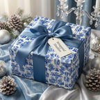Luxury blue and white nutcracker Christmas wrapping paper with satin ribbon bow from Wrapped Studios.