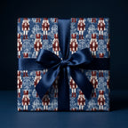 Navy blue nutcracker Christmas wrapping paper and satin ribbon, holiday gift wrap by Wrapped Studios.