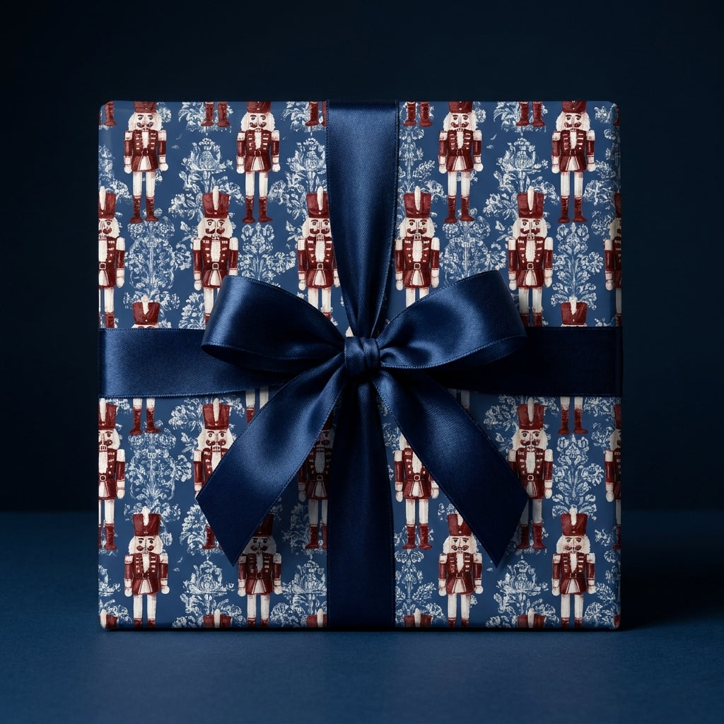 Navy blue nutcracker Christmas wrapping paper and satin ribbon, holiday gift wrap by Wrapped Studios.