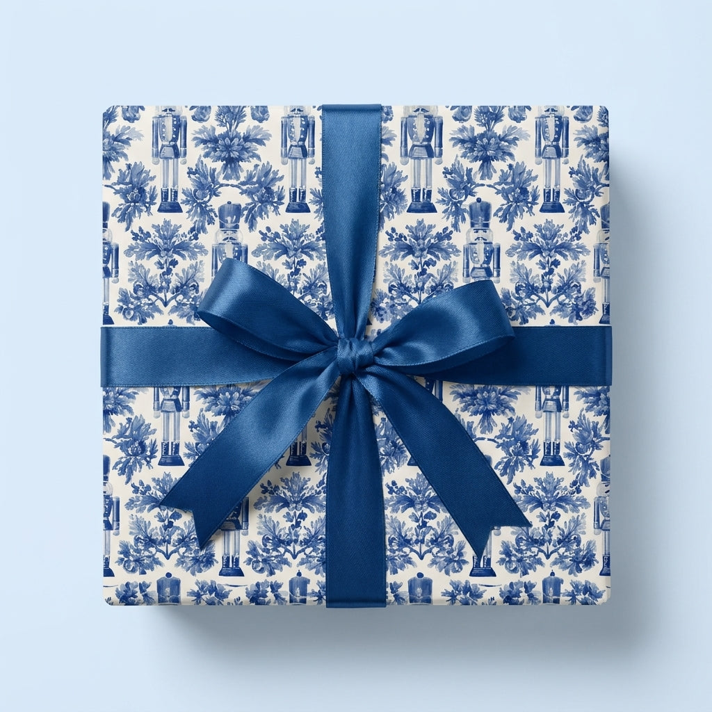 Chinoiserie blue nutcracker Christmas wrapping paper with satin bow, Wrapped Studios.