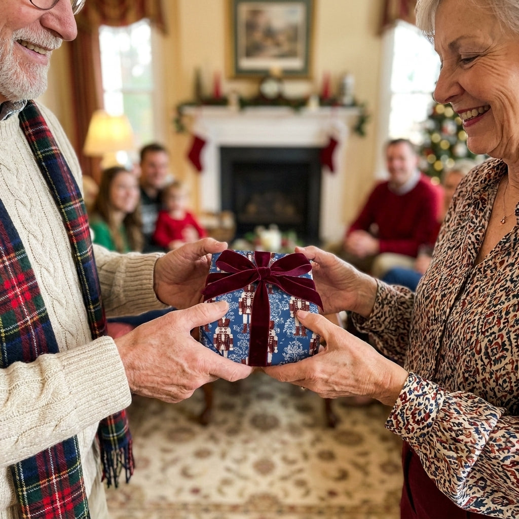 Couple exchanging a gift in blue nutcracker Christmas wrapping paper with red bow by Wrapped Studios.