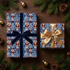 Luxury blue nutcracker Christmas wrapping paper on gifts with velvet and gold bows by Wrapped Studios.