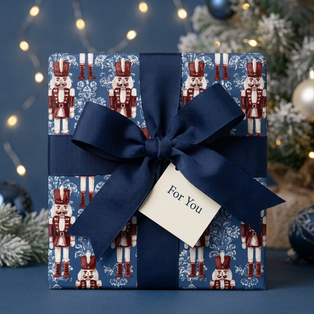 Luxury nutcracker Christmas wrapping paper in navy blue with ribbon bow and gift tag by Wrapped Studios.