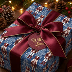 Nutcracker Christmas wrapping paper with a luxury burgundy bow on a blue gift box by Wrapped Studios.