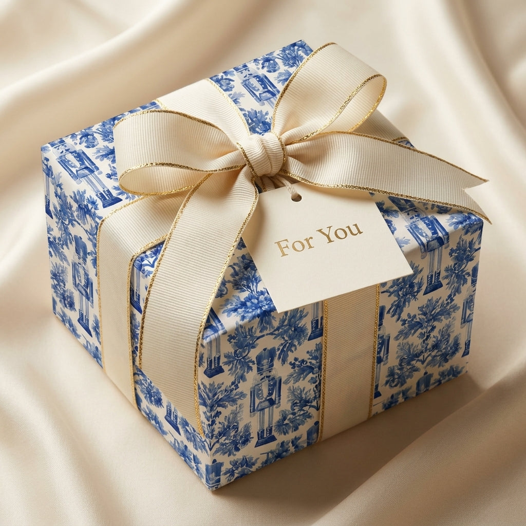 Blue and white toile nutcracker Christmas wrapping paper with cream bow by Wrapped Studios.