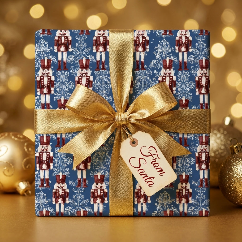 Blue nutcracker Christmas wrapping paper with a gold bow and 'From Santa' tag, by Wrapped Studios.