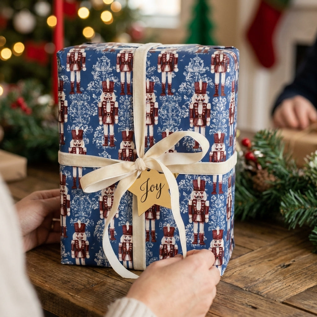 Blue nutcracker Christmas wrapping paper with cream velvet ribbon on a holiday gift by Wrapped Studios.