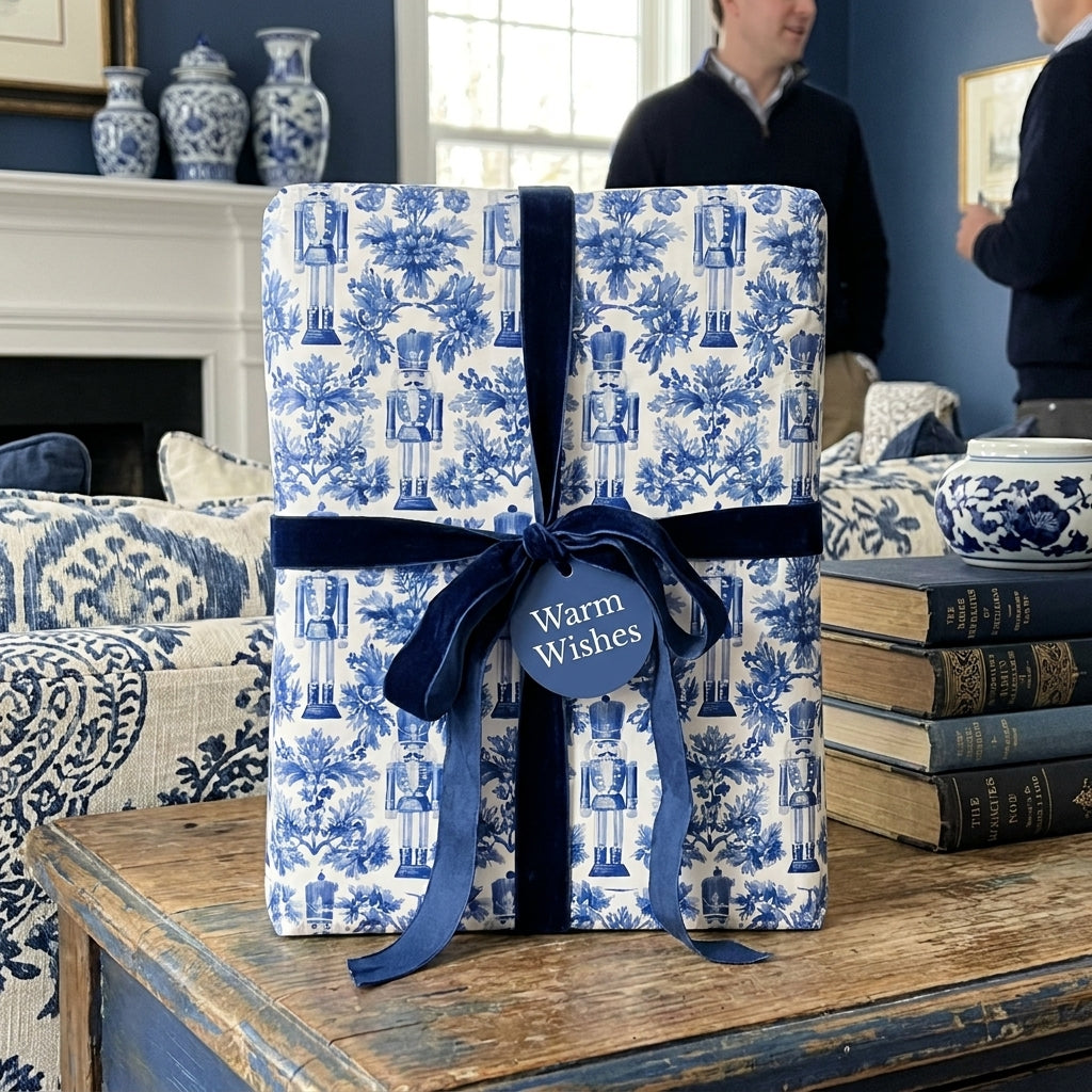 Blue and white chinoiserie nutcracker Christmas gift wrap with velvet ribbon by Wrapped Studios.