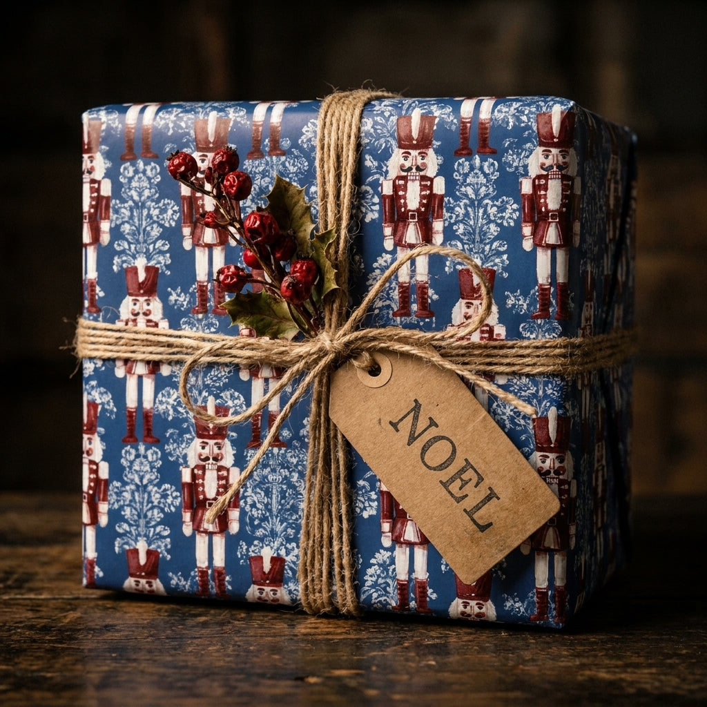 Vintage blue nutcracker Christmas wrapping paper with jute twine and a Noel gift tag by Wrapped Studios.