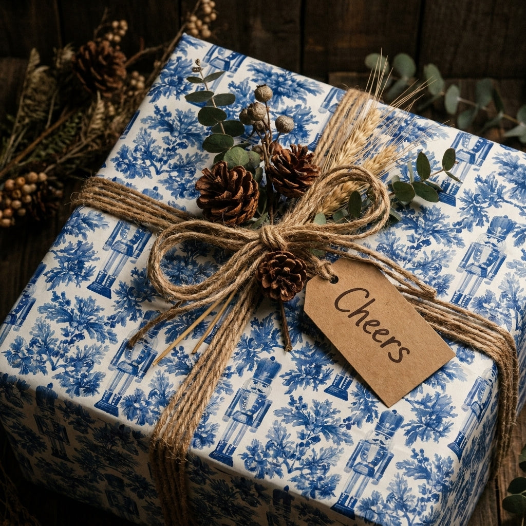 Blue nutcracker Christmas wrapping paper with rustic twine and cheers tag by Wrapped Studios.