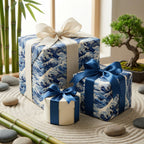 Gift boxes with blue wave patterns and ribbons on a sandy surface with bamboo and plants.