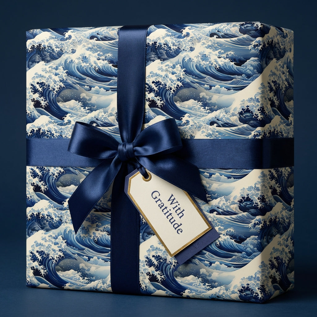 Sophisticated navy wave wrapping paper with a satin ribbon and "With Gratitude" tag for elegant gift-giving.