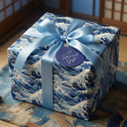 Elegant gift box wrapped in blue wave wrapping paper with light blue satin ribbon.