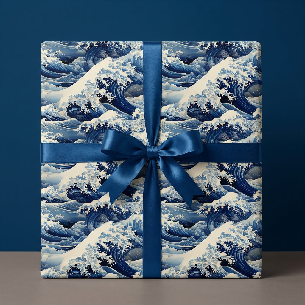 Blue wave pattern gift box wrapped in satin ribbon; unique, artistic gift wrapping paper.