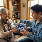 Woman receiving a gift wrapped in blue wave pattern wrapping paper with a ribbon.