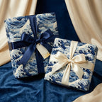 Gifts wrapped in luxury ocean wave wrapping paper with satin ribbon bows.