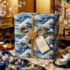 Elegant blue and white wave-pattern wrapping paper with gold ribbon, gift tag wishing happiness.