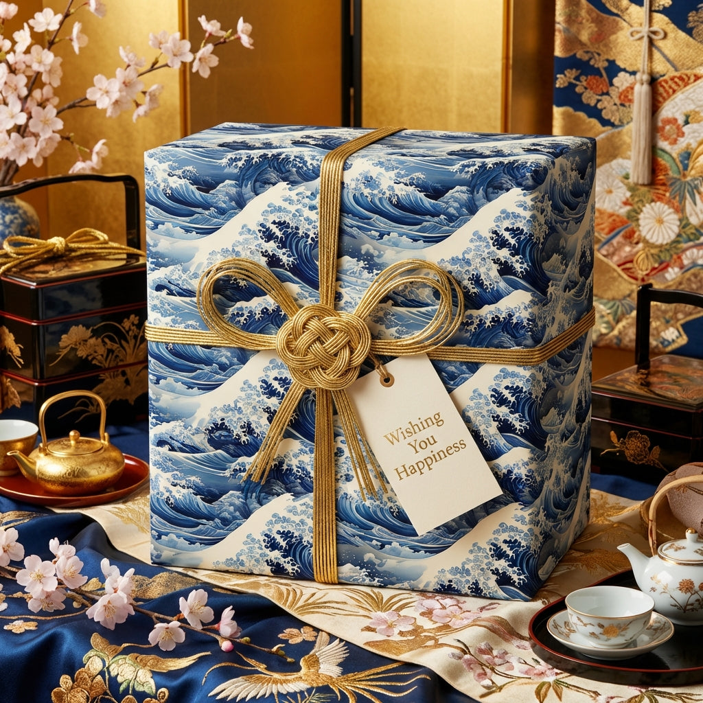 Elegant blue and white wave-pattern wrapping paper with gold ribbon, gift tag wishing happiness.
