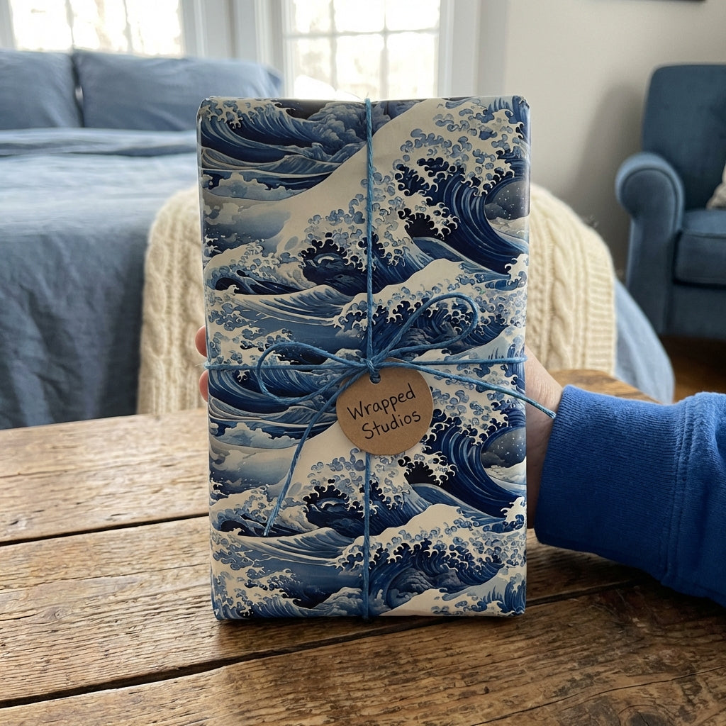 Blue ocean wave wrapping paper on a gift tied with string, perfect for unique birthday presents.