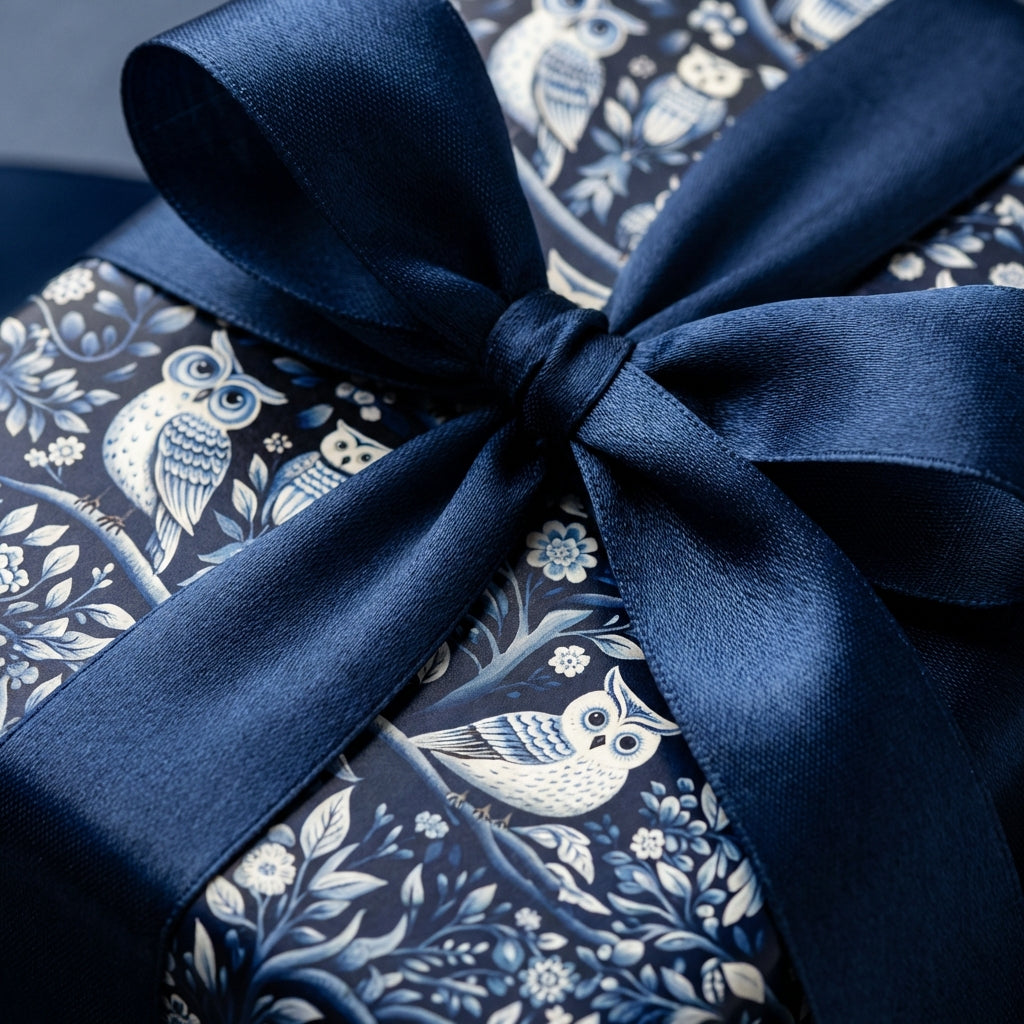 Navy blue owl print wrapping paper with satin ribbon.
