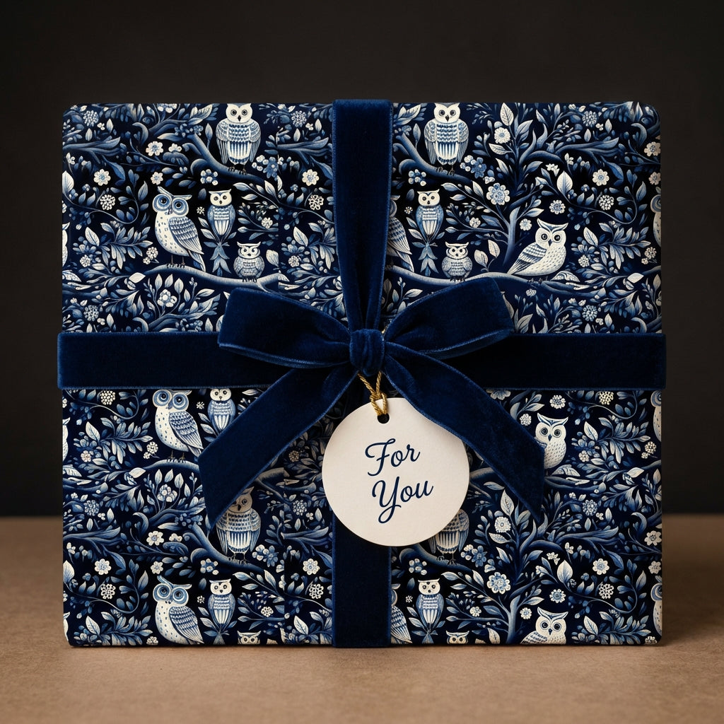 Dark blue owl gift wrapping paper with velvet ribbon and "For You" tag.