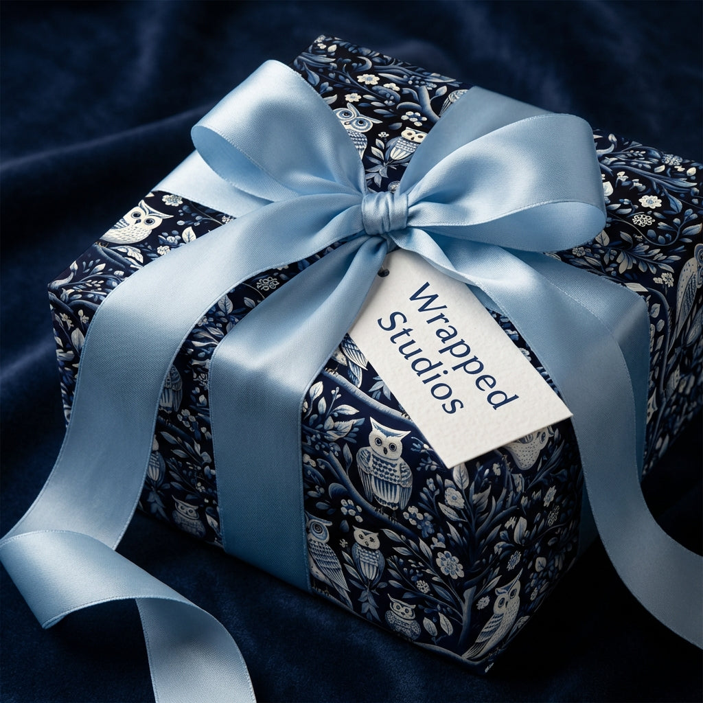 Wrapped Studios: Elegant blue gift box with owl wrapping paper and satin bow.