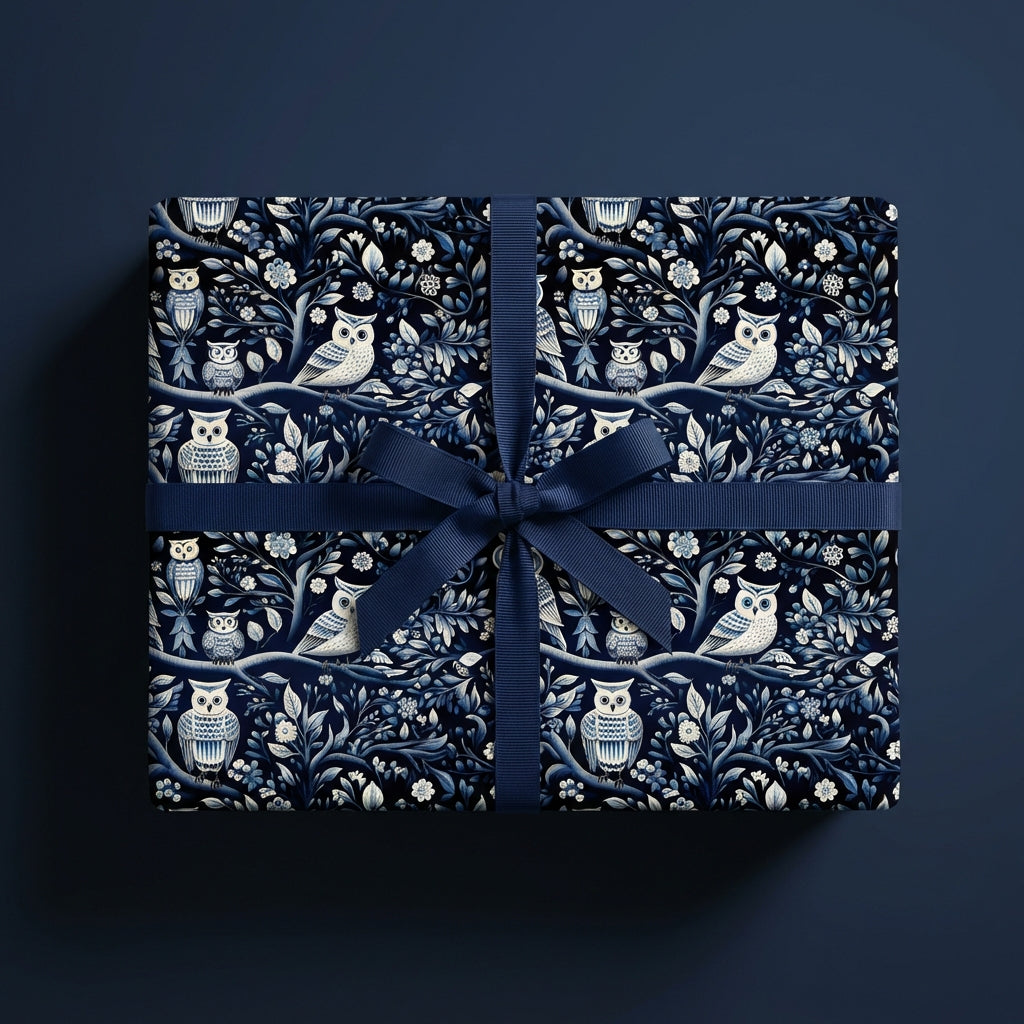 Navy blue gift wrap with owl and floral pattern.