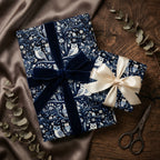Navy owl wrapping paper with velvet ribbons. Rustic gift wrap by Wrapped Studios.