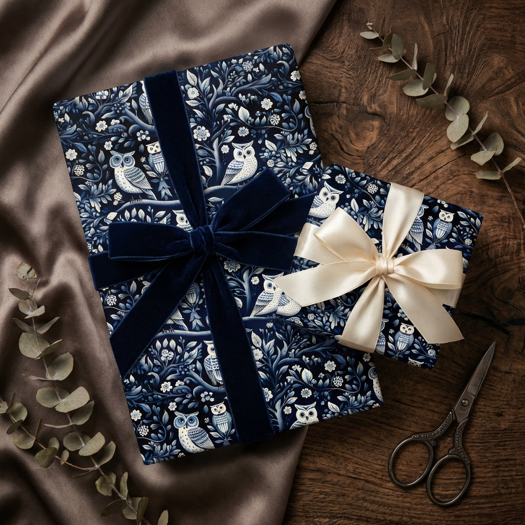 Navy owl wrapping paper with velvet ribbons. Rustic gift wrap by Wrapped Studios.