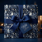 Elegant owl pattern gift wrap in navy with "With Love" gift tag and satin ribbon.