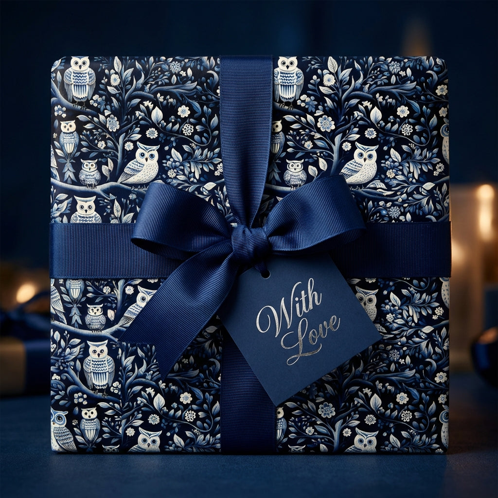 Elegant owl pattern gift wrap in navy with "With Love" gift tag and satin ribbon.