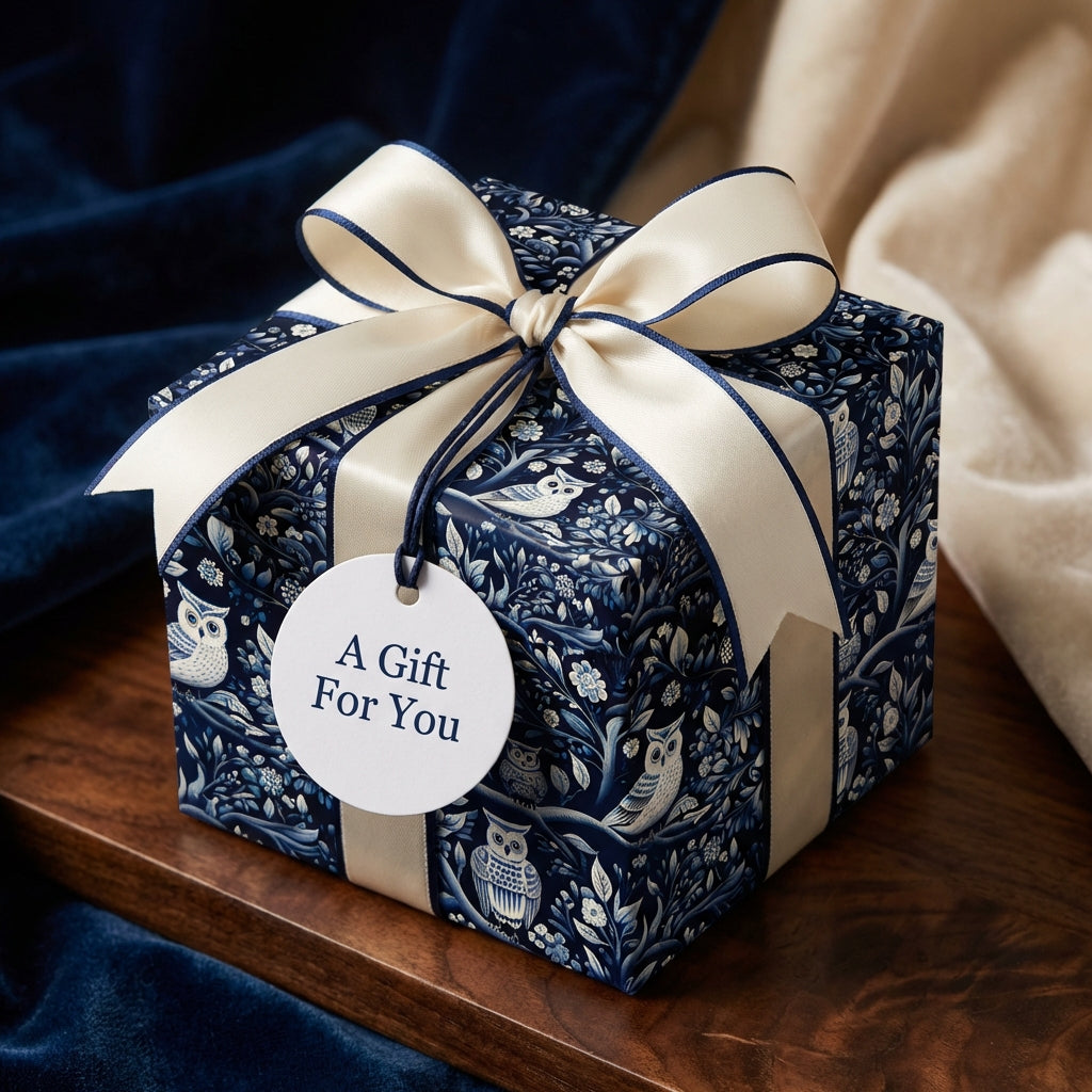Elegant gift box in blue owl floral wrapping paper with cream ribbon, tag reads "A Gift For You". Wrapped Studios.