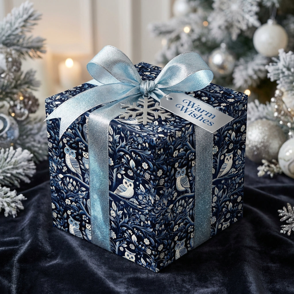Dark blue Christmas gift wrap with owl and floral pattern. Tied with light blue ribbon and snowflake tag.