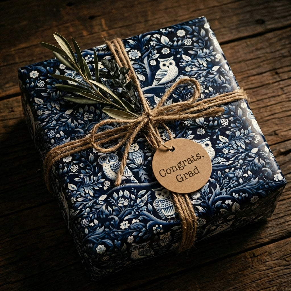 Gift wrapped in blue floral wrapping paper with owls, twine bow, and "Congrats, Grad" tag.