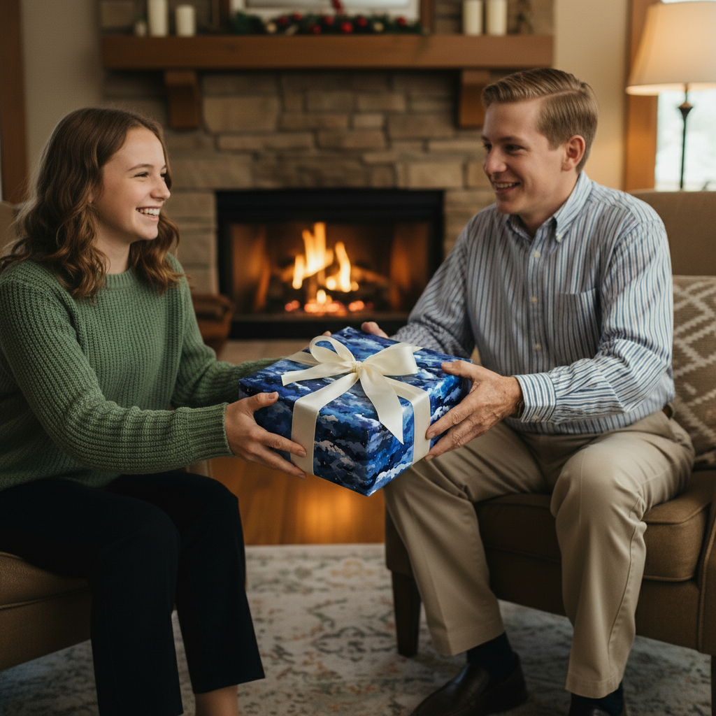 Gift exchange with blue watercolor-style wrapping paper and ivory ribbon for Christmas or birthday in cozy home setting.