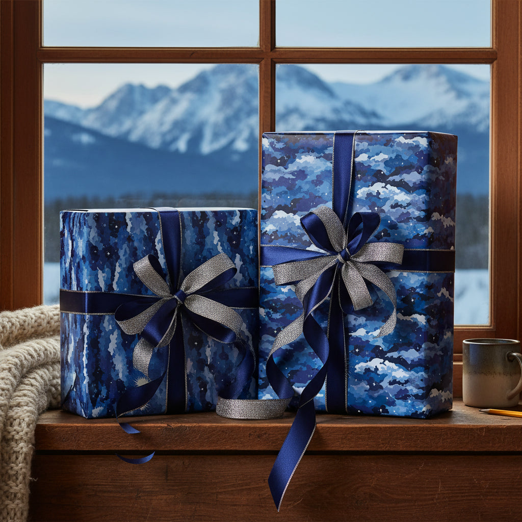 Elegant Christmas gift wrap: Blue cloud-patterned wrapping paper with silver and navy ribbon, on a window sill with snow-covered mountains.