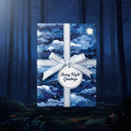 "Starry Night Greetings" gift box wrapped in blue celestial wrapping paper with white ribbon and bow, against a dark forest backdrop.
