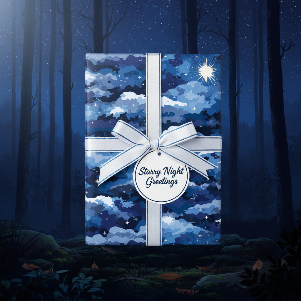"Starry Night Greetings" gift box wrapped in blue celestial wrapping paper with white ribbon and bow, against a dark forest backdrop.