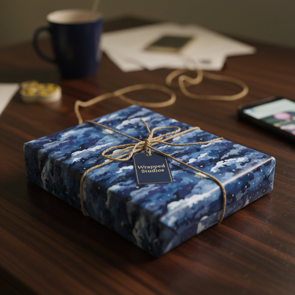 Navy blue wrapping paper with a celestial cloud pattern tied with rustic twine for a thoughtful gift presentation.