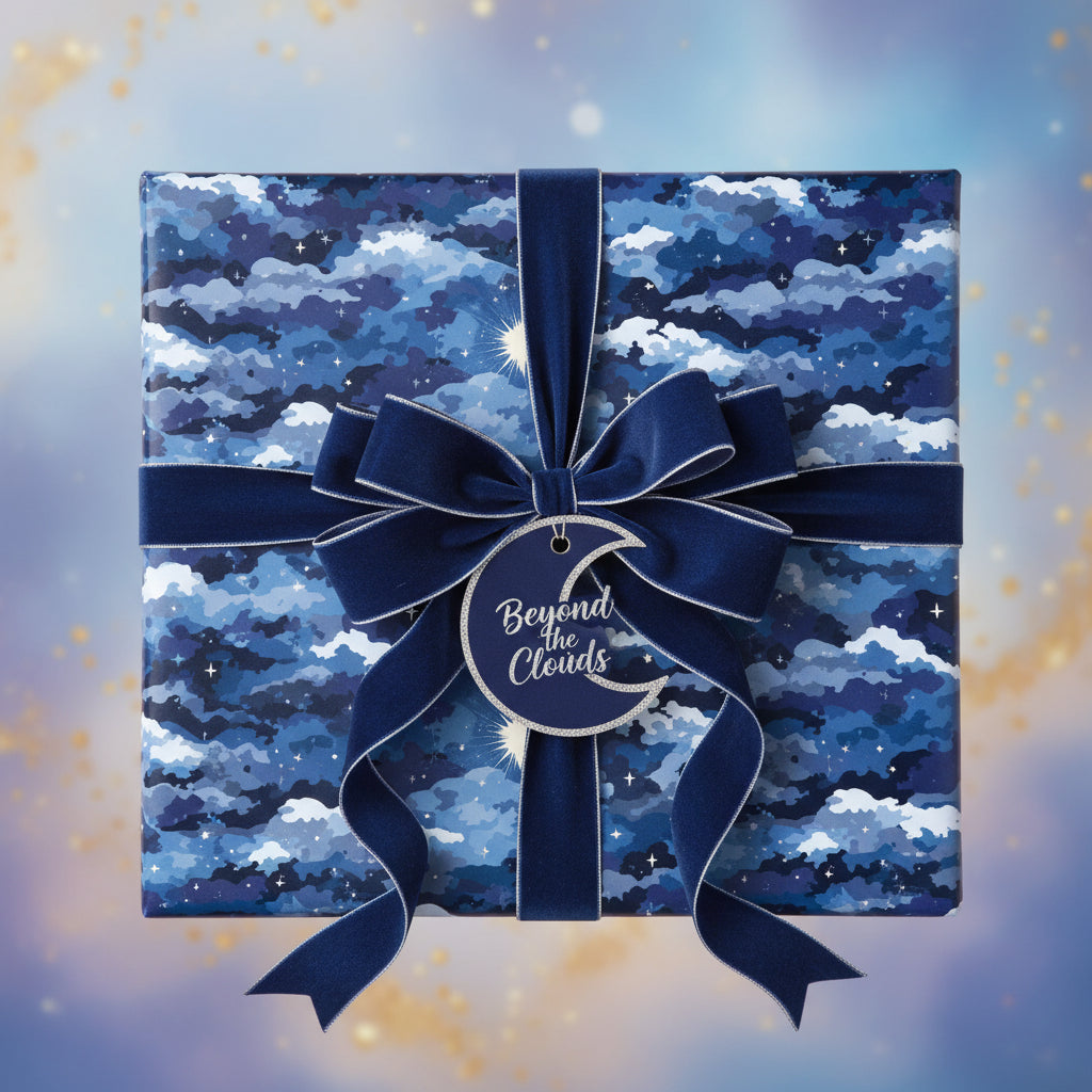 Square gift box wrapped in celestial cloud wrapping paper, with a navy velvet ribbon and moon-shaped gift tag.
