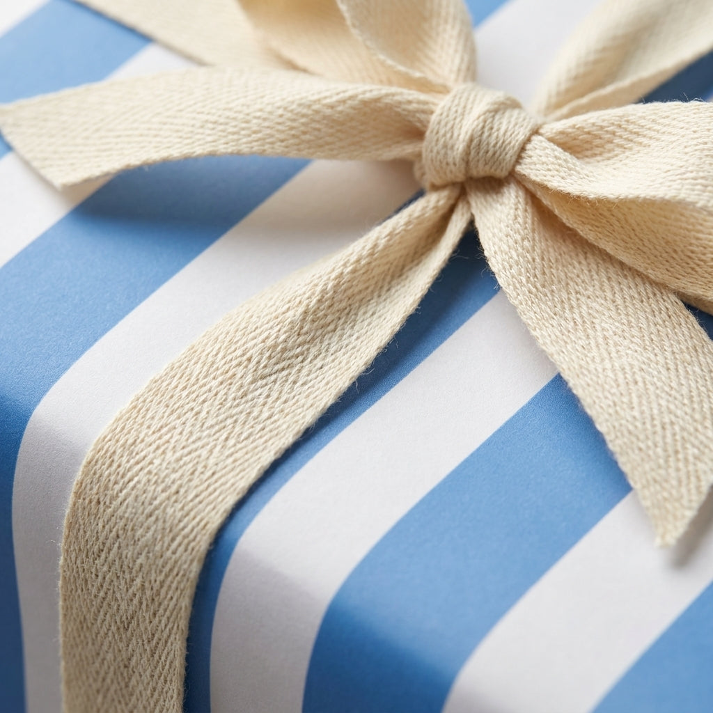 Blue striped wrapping paper with a cream cotton ribbon bow, elegant birthday gift wrap by Wrapped Studios.